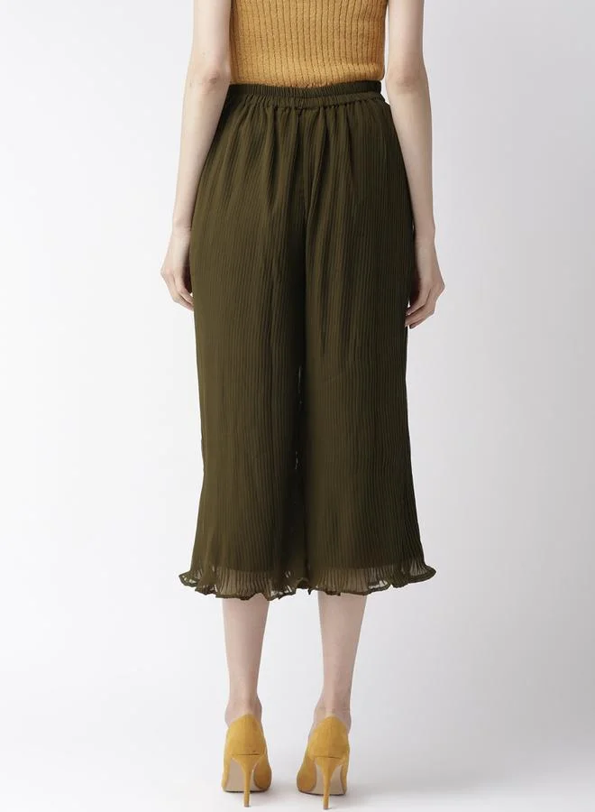 Mish  Women Olive Green Pleated Flared Trousers for Women | Best Price UAE